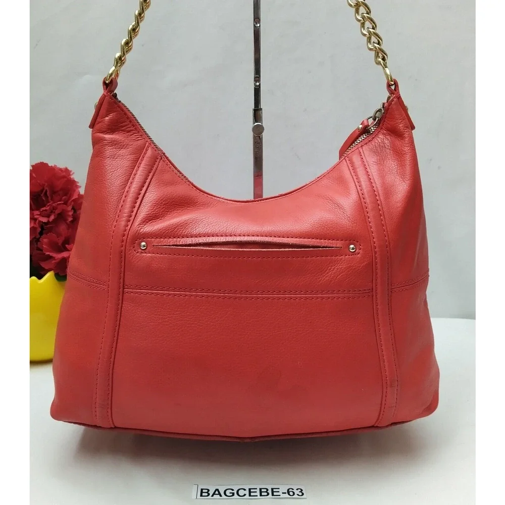 B. Makowsky Red Leather Quilted Chain Strap Zipper Hobo Shoulder Bag